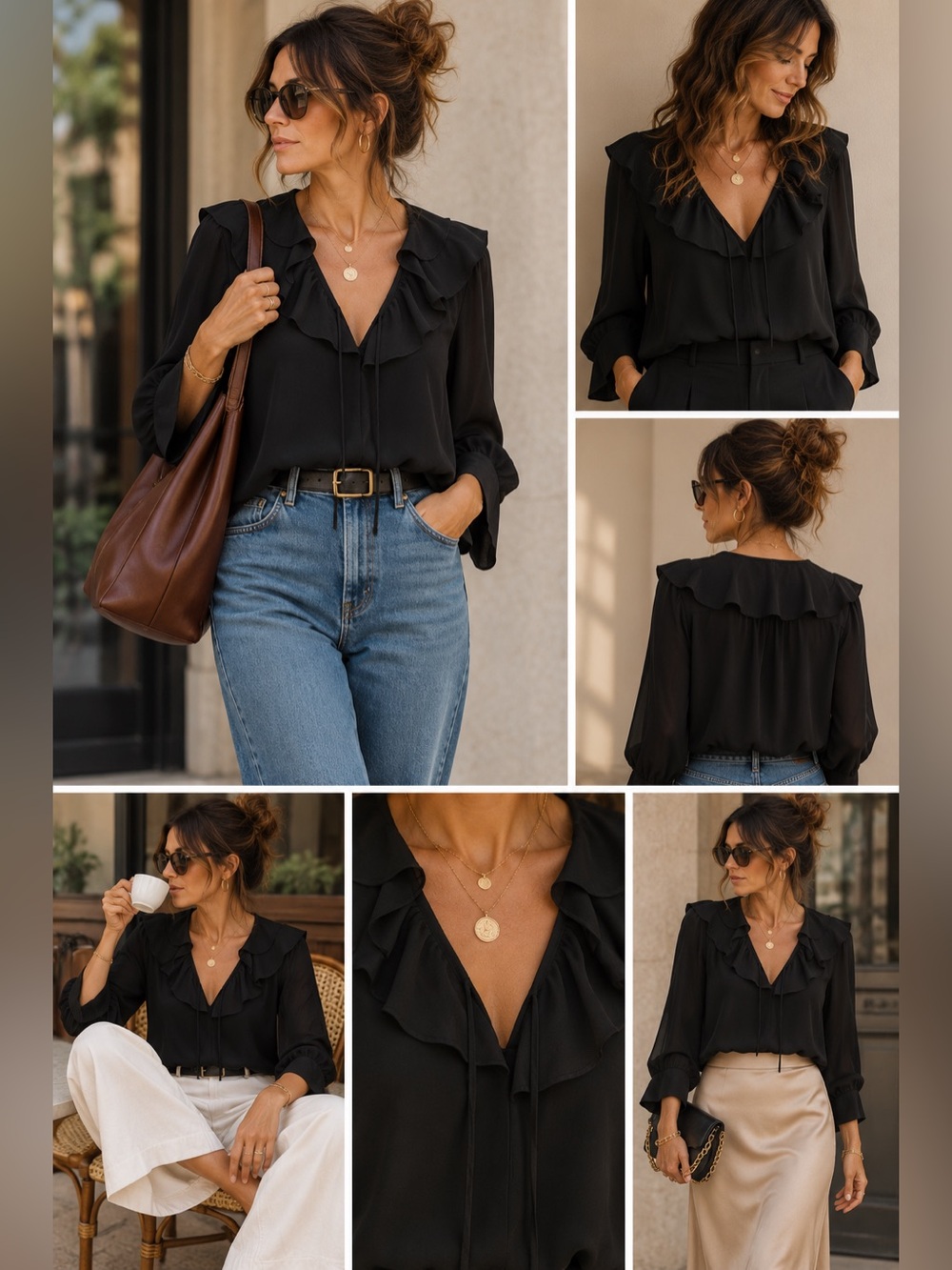 J. Crew Black Ruffled V-Neck Long Sleeve Blouse